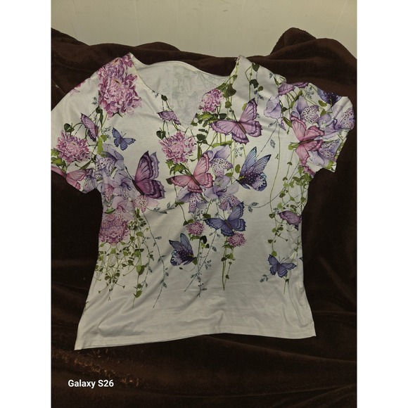 Tops - A4. Womens Butterfly Floral Print V-Neck Short Sleeve Top White Purple XXL